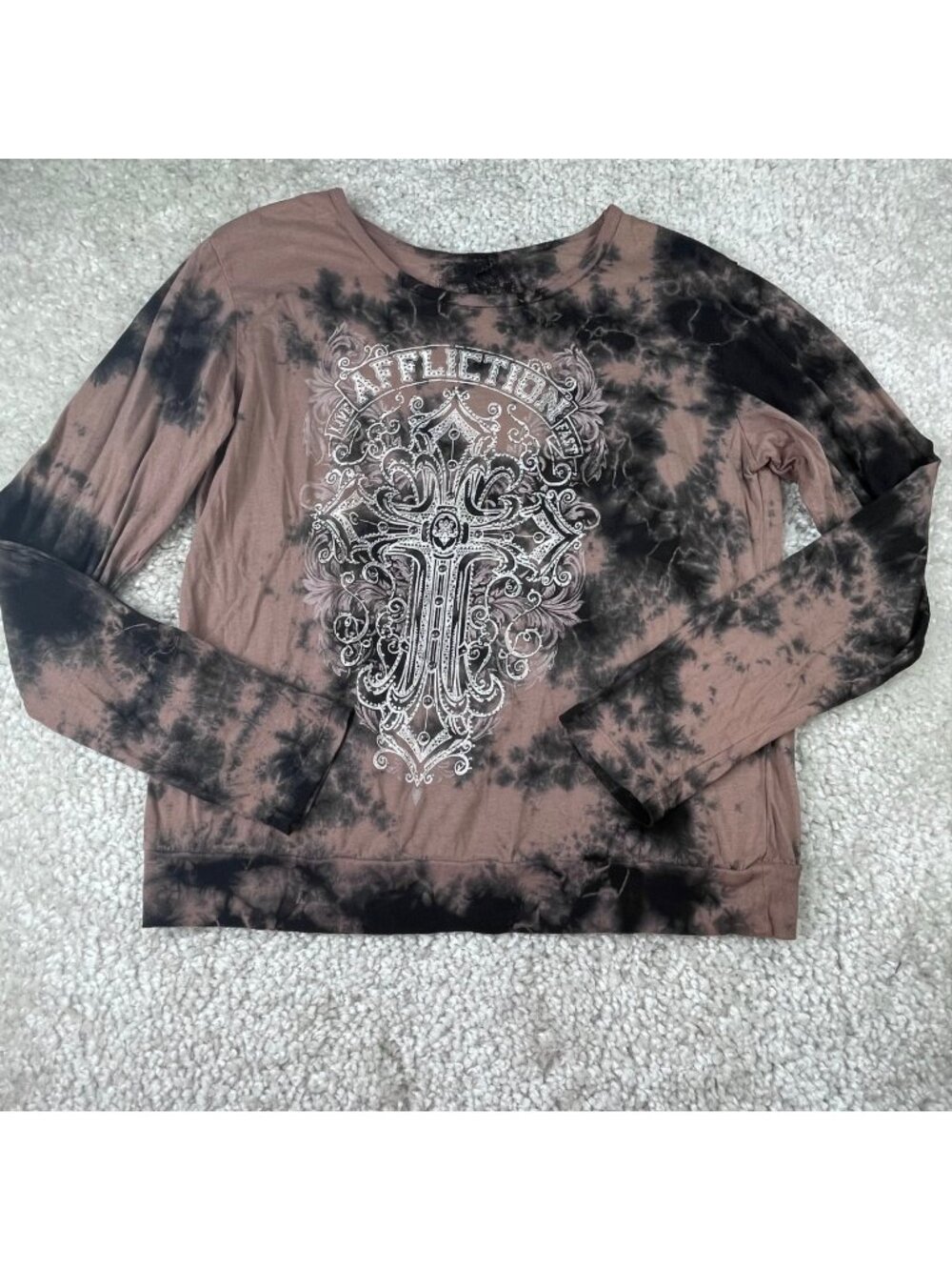 Affliction Live Fast Brown Tie Dye Rhinestone Cross Top Open Lace BackWomens XL